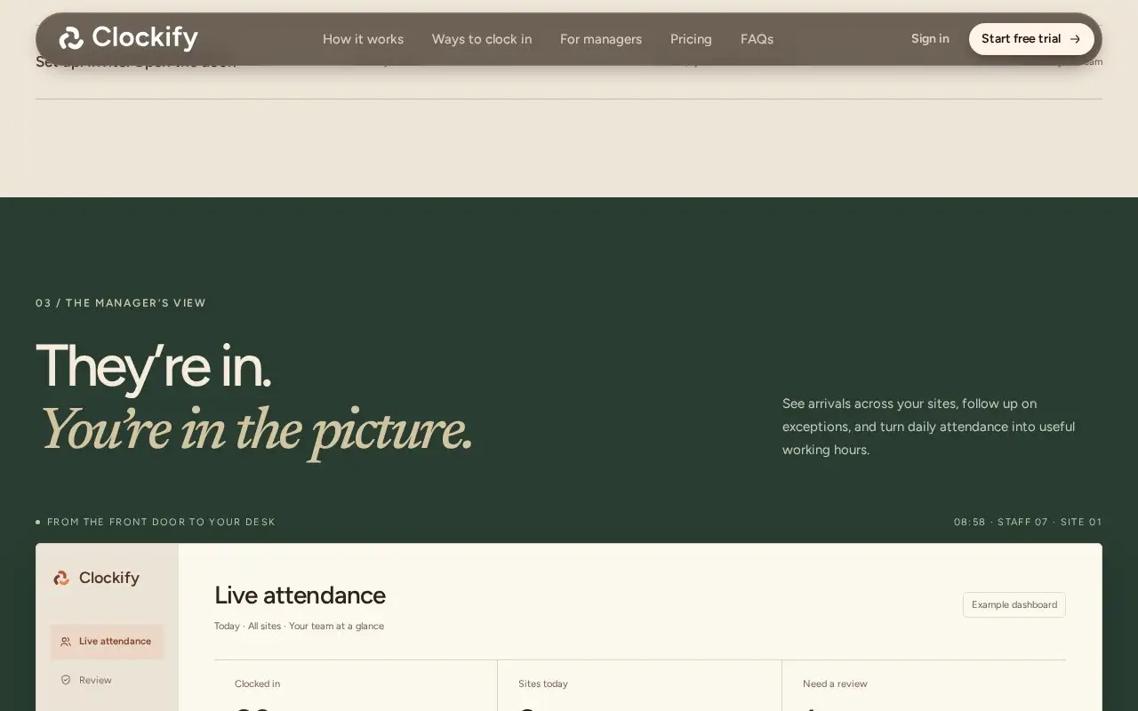 Clockify public website showing its example live-attendance dashboard