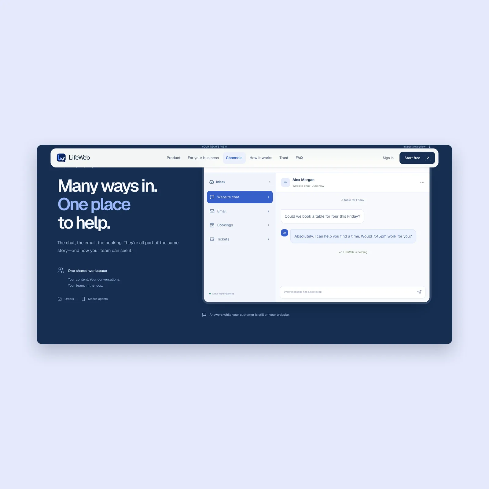 The LifeWeb shared inbox bringing website chat, email, bookings, and tickets together