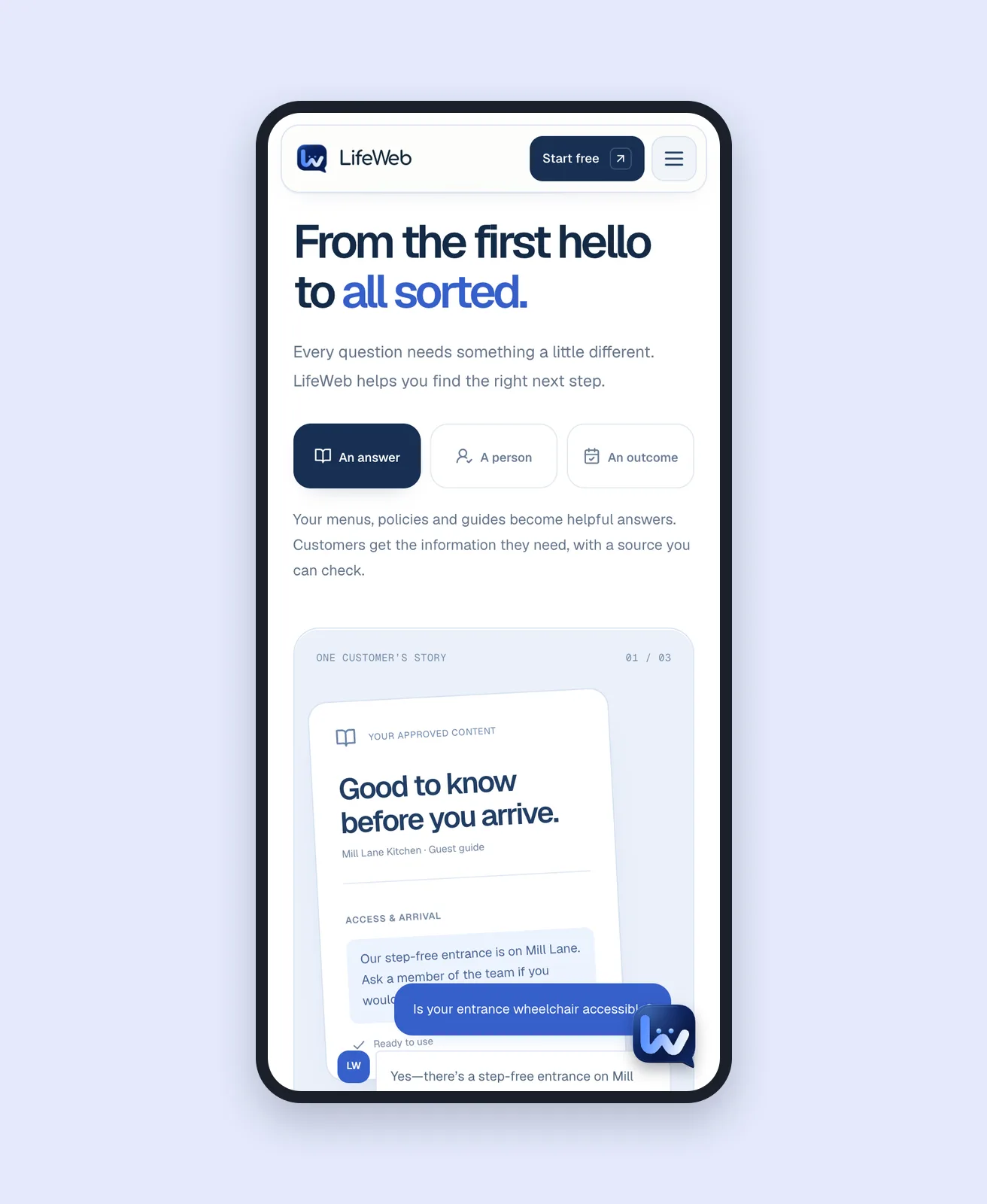 LifeWeb on mobile, answering from a business’s own guest guide