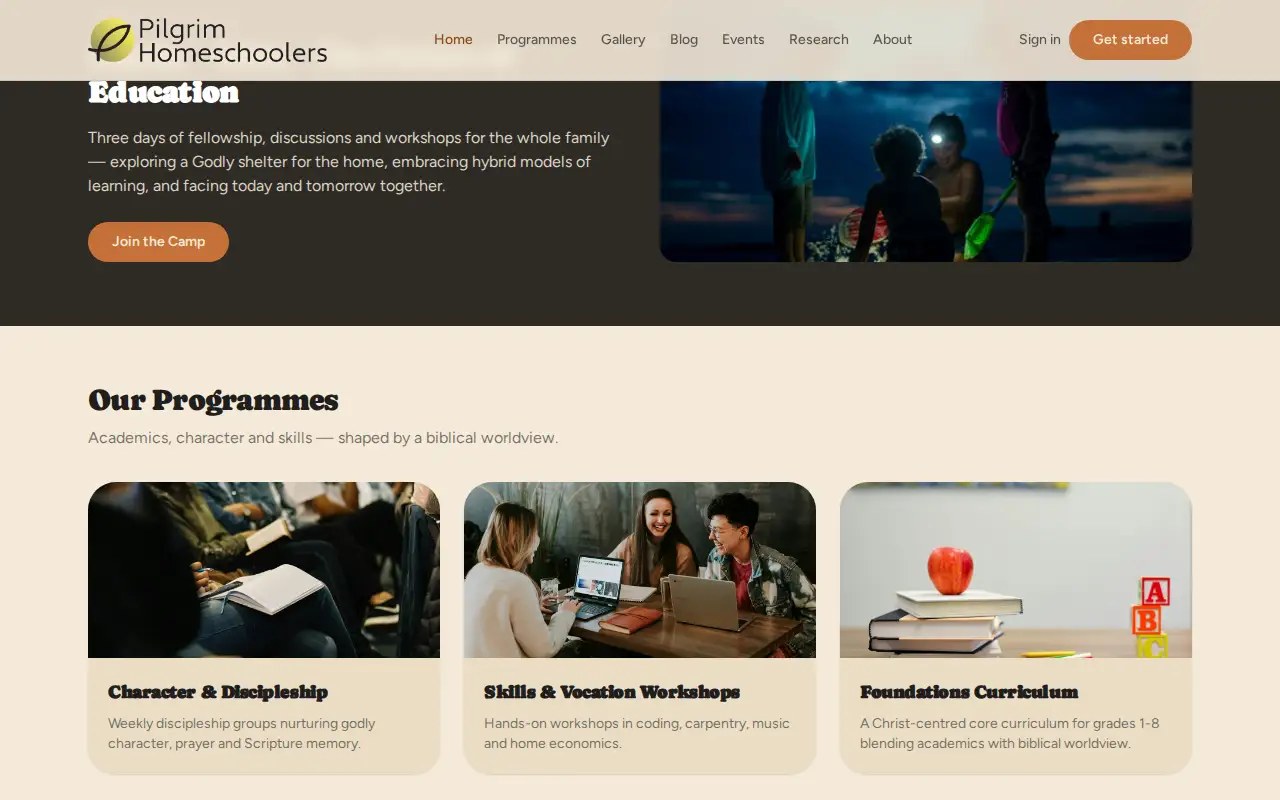 Pilgrim Homeschoolers website listing its three educational programmes