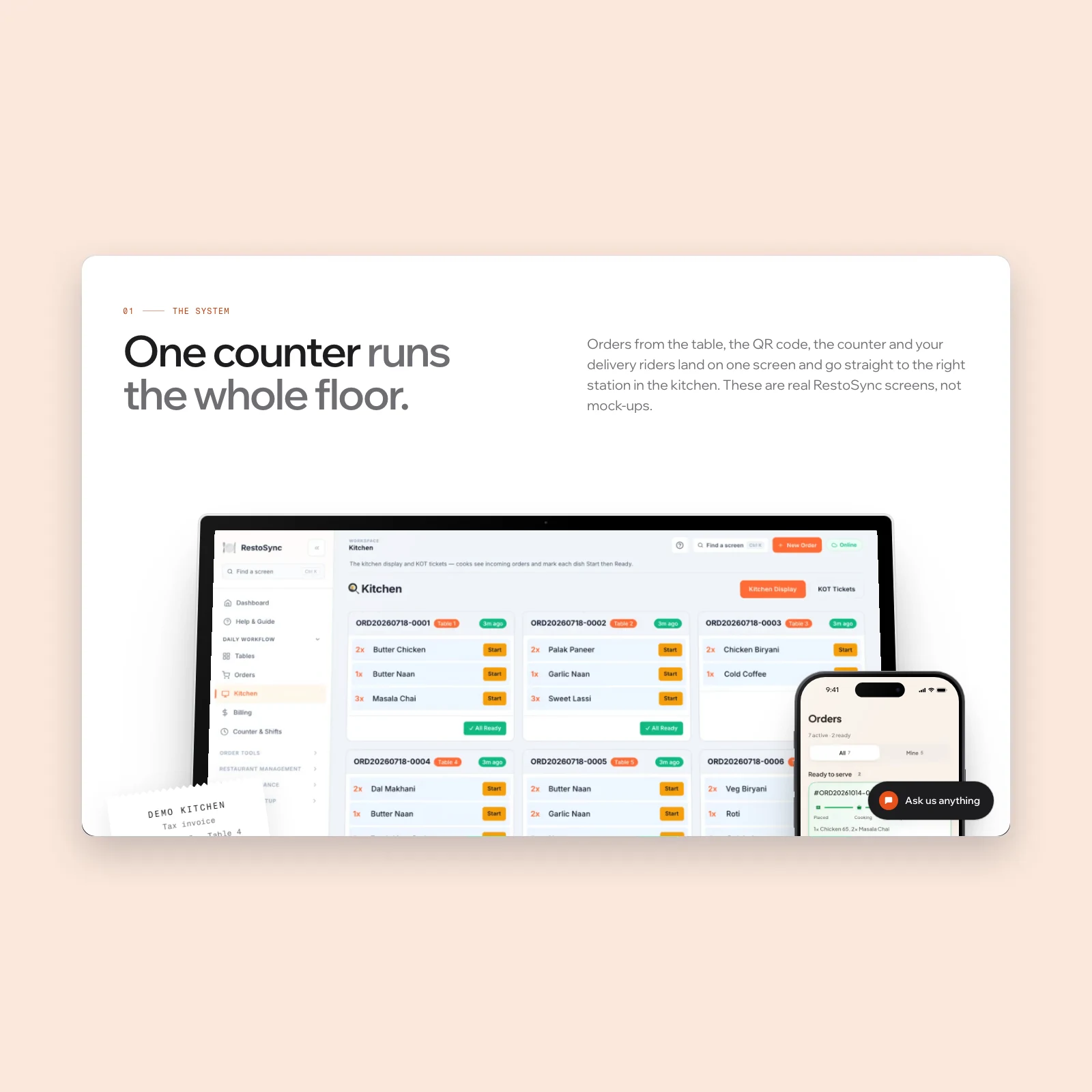 The RestoSync kitchen display showing live order tickets