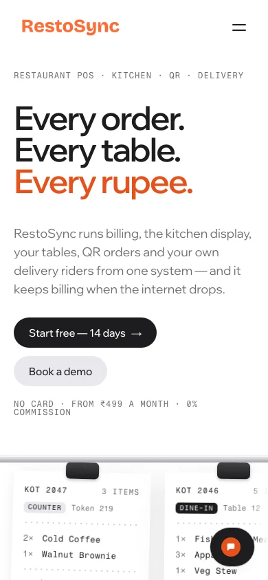RestoSync website on an iPhone Pro